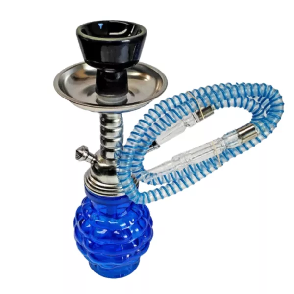 Blue glass hookah with curved metal stem and small blue bowl. Attached with metal clamp. White background.