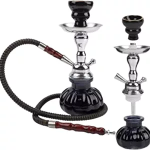 Black and silver hookah with wooden handle, long hose, and glass bowl with handle on white background.