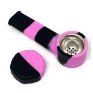 Elegant tobacco pipe with a pink and black striped design, featuring a small bowl with a hole in the center and a spoon on the side. Made of plastic and easy to use.