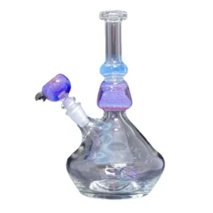 Handmade upside-down teapot-shaped smoking device with pink and purple design, small smoke release hole, and white background.