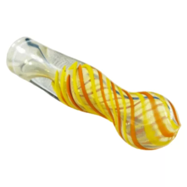 Glass pipe with yellow and orange striped design. Clear base and stem with small knob. White background.