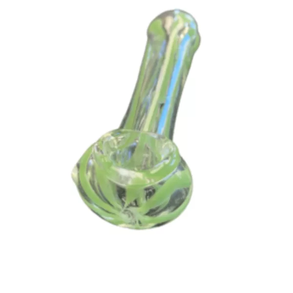 Glass pipe with clear, green stem and small, green bowl. Stem is curved and has small circular base. Bowl is clear and has small circular base.