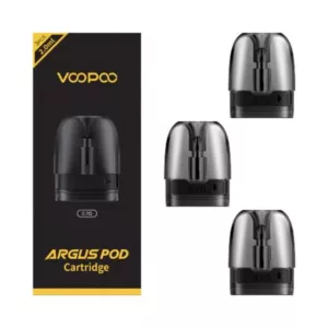 Argus Pod Cartridge 2ml (individual) by Voopoo - 3 transparent, cylindrical pods with black rings and small holes at the top, packaged in white font.