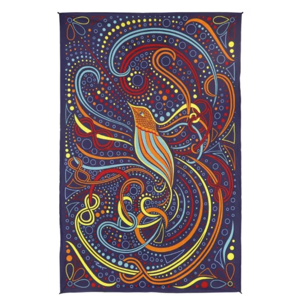 Abstract hummingbird tapestry with vibrant colors and swirling pattern on blue background.