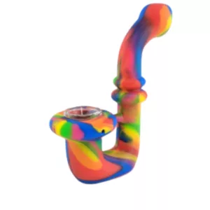 Colorful, swirled silicone smoking pipe with decorative design and functional mouthpiece for smoking.