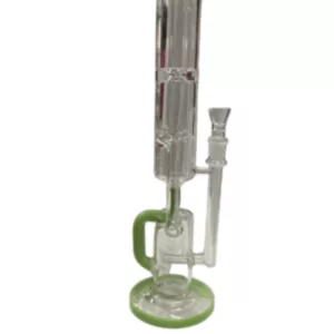 A sleek and modern glass bong with a green handle and clear base, featuring a Side Tube Recycler design.