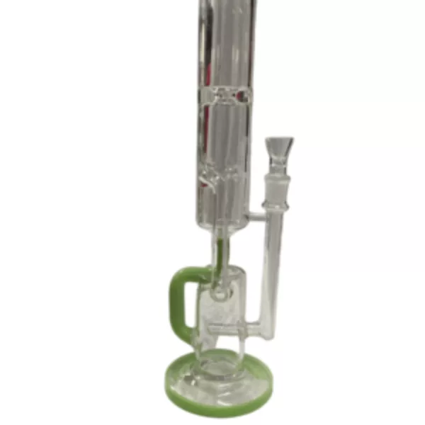 A sleek and modern glass bong with a green handle and clear base, featuring a Side Tube Recycler design.