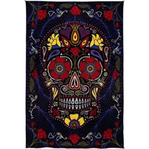 Colorful floral sugar skull tapestry with wide smile and deep blue background.