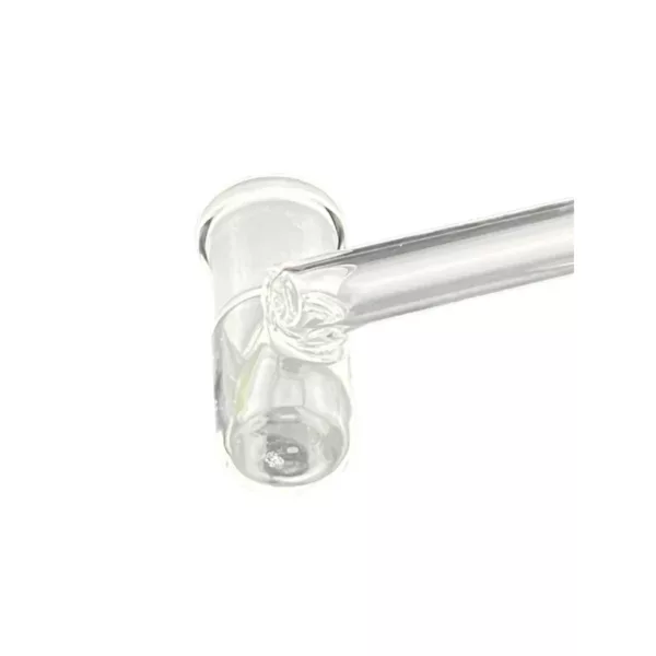 Clear glass pipe with long, curved stem and small, round base. Smooth, glossy surface. Standard design with no visible modifications or repairs.