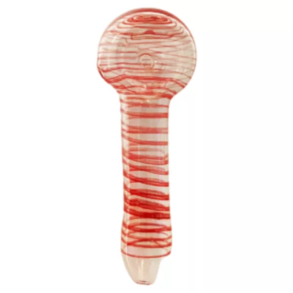 Red and white striped glass pipe with long, curved neck and small, round base. White background.