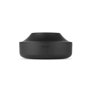 Rectangular black plastic container with smooth surface and open lid, sitting on white surface.