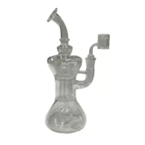 Clear glass smoking pipe with cylindrical shape, straight shaft, flared base, and smooth bowl. Mouthpiece has circular open hole. No visible imperfections.