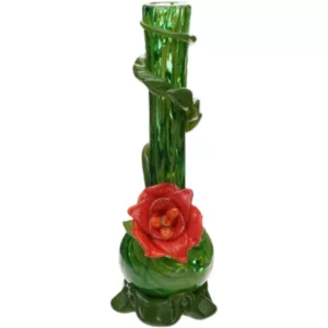 Handcrafted green glass vase with spiral design and red rose accent. Perfect for displaying or smoking.