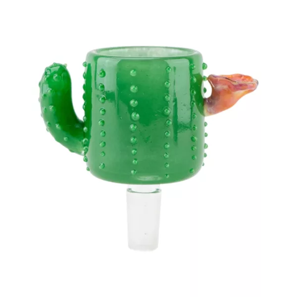 Green glass cactus with bird on top, sits on clear stand - Empire Glassworks' Proxy Attachment (P1064) for smoking.