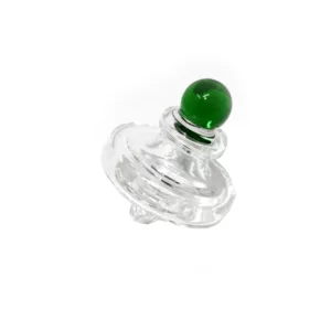 Green clear glass saucer carb cap with white ring and small hole on top, suitable for smoking enthusiasts.