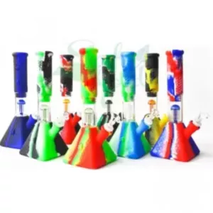 Set of six colorful glass pipes with small holes and vibrant glass tops.