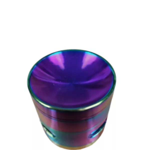 Rainbow Concave Side Window Grinder with metallic finish and rainbow color scheme. Large circular base and two circular indentations on top and sides form a rainbow-colored circle. Small base connected to main body.