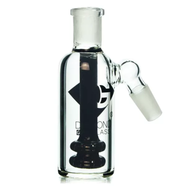 A clear glass water pipe with a black handle and screw attachment, featuring a small and large hole and designed as an ashcatcher.