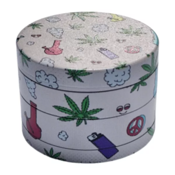 Rainbow cannabis grinder with marijuana leaves and buds on white box. #QuteCannabisPrintGrinder #BVGS220E