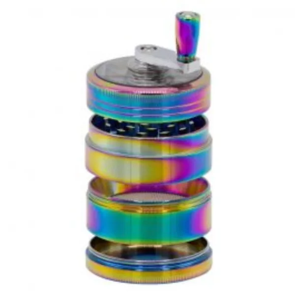 A colorful grinder with a transparent side window and stainless steel base/cap for easy monitoring and stability. Great for any smoking setup.
