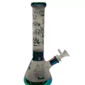 Colorful glass bong with sea creature design, small bowl, and blue/green stem for smoking marijuana.