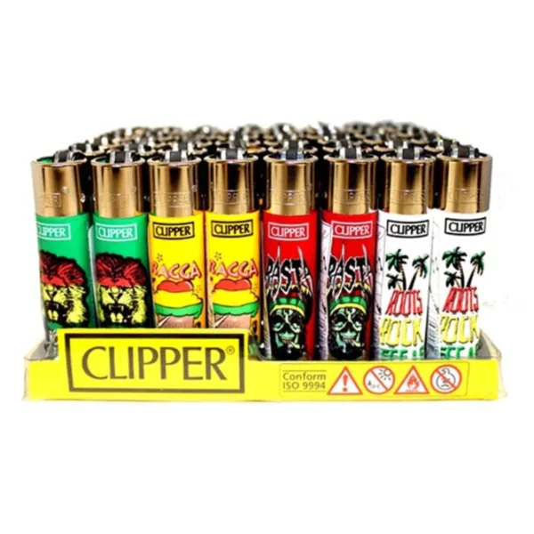 Rasta-themed assortment of Clipper lighters with unique designs including marijuana leaves, dreadlocks, and skulls.