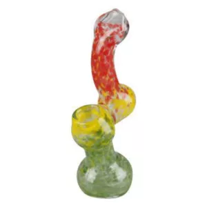 Long, curved glass pipe with red, green, and yellow colored design featuring two leaves and a large yellow circle in the center. Large mouthpiece and small base. High-quality image.