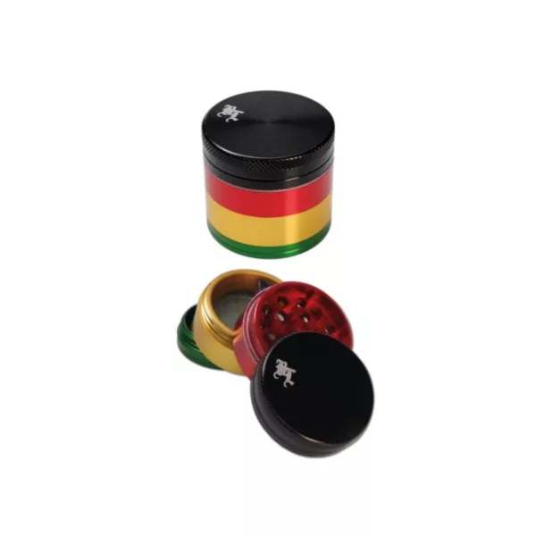 Small plastic container with metal top and handle, featuring a grinder with multiple compartments for herbs and spices.