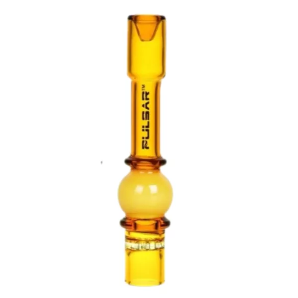 glass pipe with yellow and black design, small round base, long curved stem, clear glass knob with circular pattern.