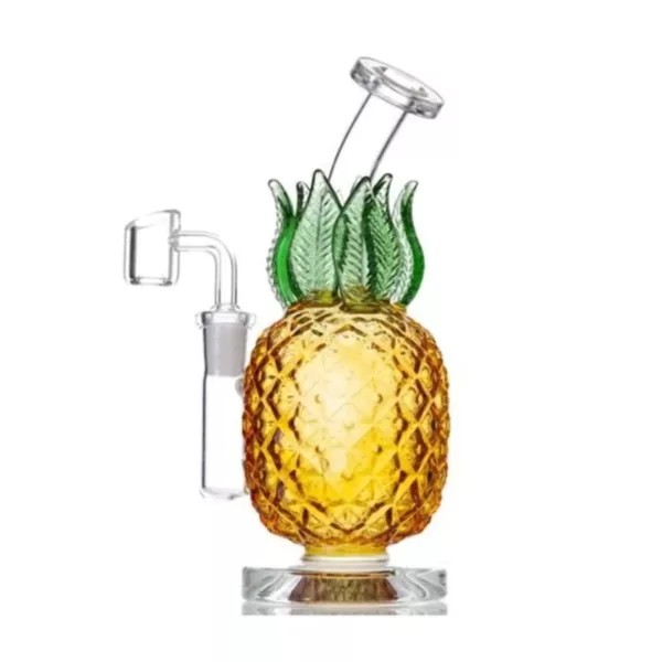 Handcrafted transparent glass pineapple water pipe with green accent and smooth surface. Perfect for enjoying your favorite smoke.