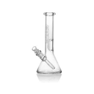 Glass beaker water pipe with clear pipe, small spout, and white background.