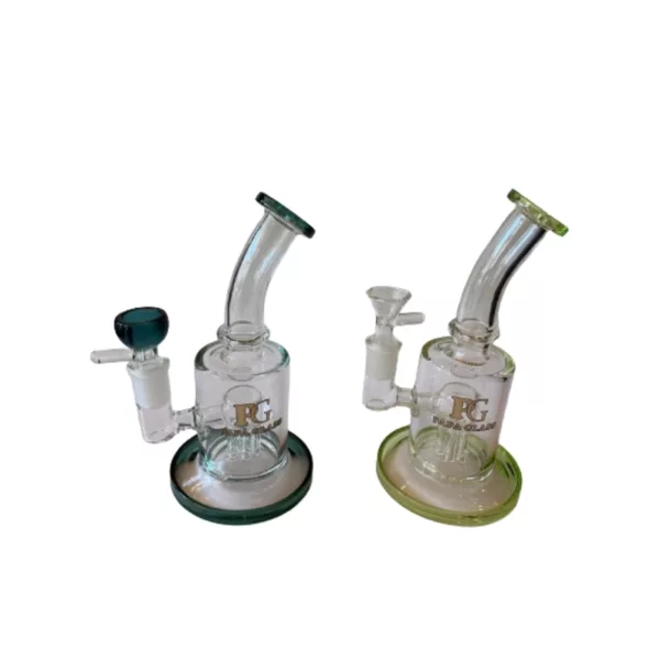 Two simple glass water pipes, one clear and one green, perfect for smoking enthusiasts.