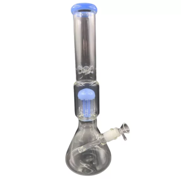 Clear glass beaker water pipe with blue and white color scheme, round base and curved neck. Empty.