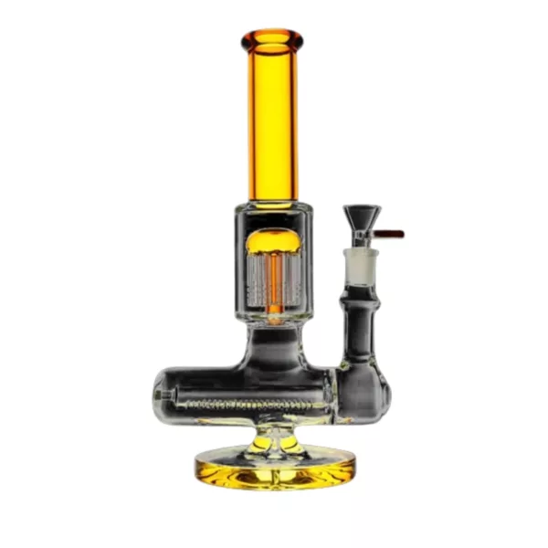 A clear glass water pipe with a black base and yellow stem, featuring a Jelly Plus Perc and a clear glass joint. Well-lit and without visible scratches.