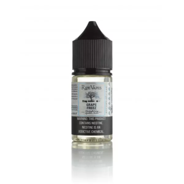 E-liquid bottle with white label and black letters The Cigar Co. - Mellow Moods. Transparent bottle with white cap and blue and white label on it. White background.
