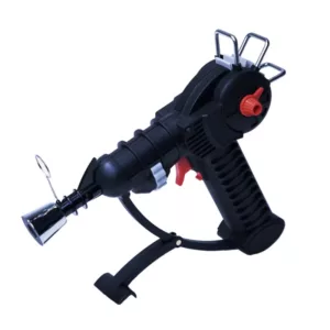 Black and red plastic ray gun with metallic barrel and plastic handle, held by smoking company Spaceout.