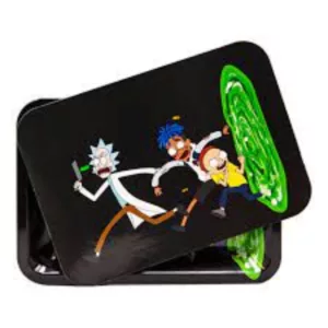 Black metal box with cartoon image of Rick and Morty running towards each other, holding hands. Green background.