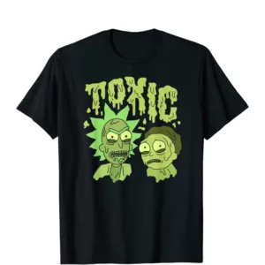Spooky 'Tonic' tee with green and red tinted zombies, wearing striped shirts. Dark, grimy background.