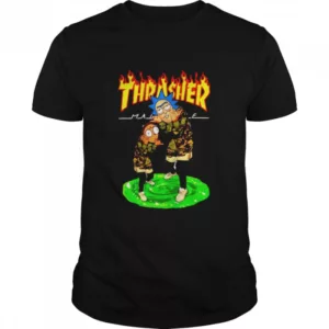 Toxic Teez offers a Rick and Morty-themed graphic T-shirt featuring the characters standing on a hill with flames and weapons, surrounded by the words 'Rick N Morty Thrasher' in bold text.