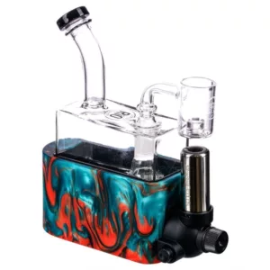 Portable vaporizer with stainless steel base and clear glass jar. Features a brightly colored, swirly pattern and small glass globe cover. Designed for on-the-go use.