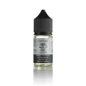 Image of small glass bottle of pale yellow apple salt with black cap and Ripe Vapes label on white surface. Clean and minimalist design.