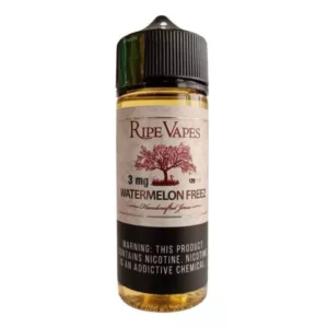 High-quality photo of Ripe Vapes Watermelon Freeze Salt e-liquid in a transparent glass bottle with a black label and dropper for easy dispensing.