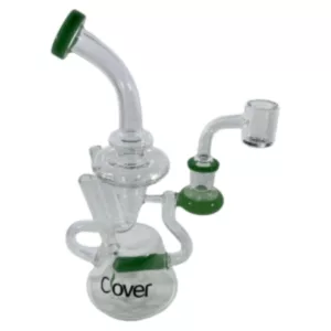 Green plastic handle water pipe with transparent glass tube and engraved logo. Small hole on top for insertion. Small green lines on the inside.
