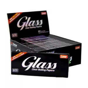 Clean, organized box of Glass Kingsize Papers with smooth, shiny interior on white background.