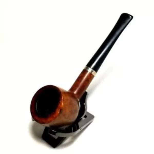 polished wooden pipe with black plastic stand, long wooden shaft, small bowl and handle. Displayed on black stand with hook.