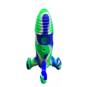 Small green and blue silicone rocket water pipe with wide base and smooth surface. Made of silicone and suitable for smoking.