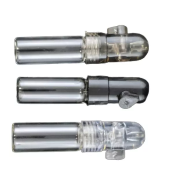 The Large Glass Vial with Bullet Cap (JAR-GVBL) features three clear plastic pipes of varying shapes and sizes, all connected to a single water source.