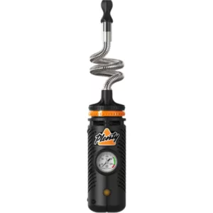 portable vaporizer featuring a black and orange plastic pipe with an orange and black valve and stainless steel tube connected to a black gas tank with an orange and black sticker.