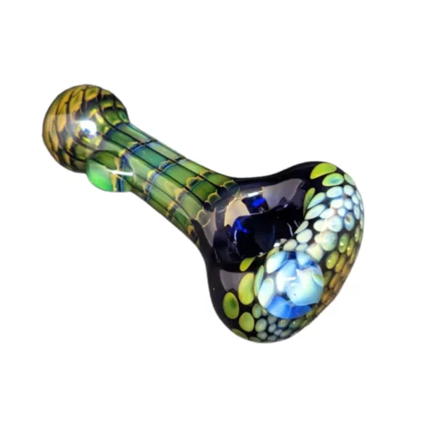 A unique, eye-catching glass pipe with a colorful floral and geometric design in shades of blue and green.