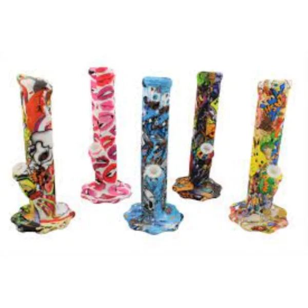 Colorful silicone water pipes stand upright on a white background.